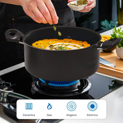 Set 2 Casseruole In Alluminio Con Coperchio In Vetro 20/24cm Nero