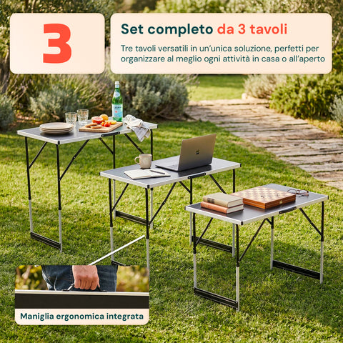 Set 3 Tavoli Pieghevoli con 4 Altezze Regolabili e Struttura in Alluminio
