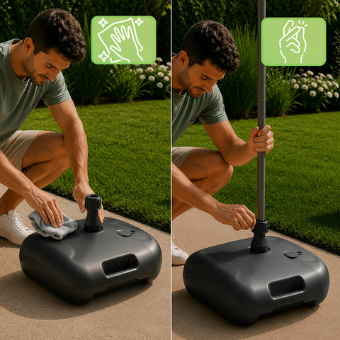 Base per Ombrellone da Giardino 20L in PP – Supporto Riempibile con Acqua o Sabbia – Per Pali ø22-32mm e Ombrelloni fino a 2,2m – Dimensioni 44x44x14cm – Facile Montaggio e Pulizia