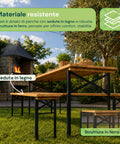 Set Tavolo e 2 Panche Pieghevoli da Giardino 120cm / 180cm in Legno con Struttura in Ferro e Foro Ombrellone 5cm – Portata Tavolo 200kg