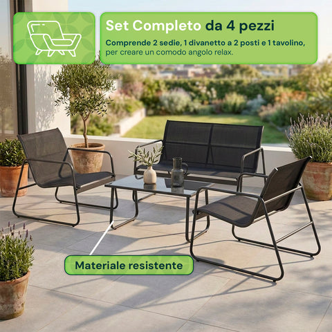 Salotto da giardino con 2 sedie, divanetto e tavolino