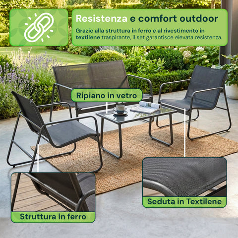 Set lounge da esterno in ferro con seduta in Textilene