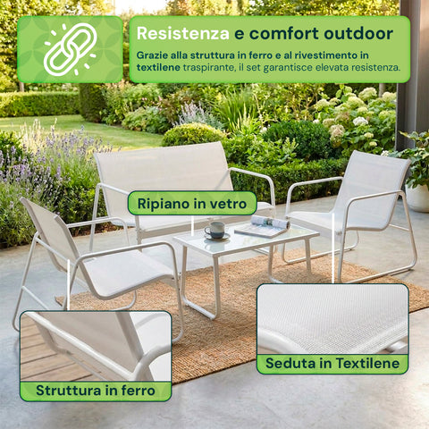 Set Lounge da Esterno 4 Pezzi – Salotto da Giardino con 2 Sedie, Divanetto e Tavolino – Struttura in Ferro e Seduta in Textilene – Portata 240kg/120kg