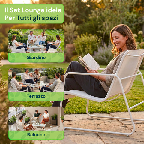 Set Lounge da Esterno 4 Pezzi – Salotto da Giardino con 2 Sedie, Divanetto e Tavolino – Struttura in Ferro e Seduta in Textilene – Portata 240kg/120kg