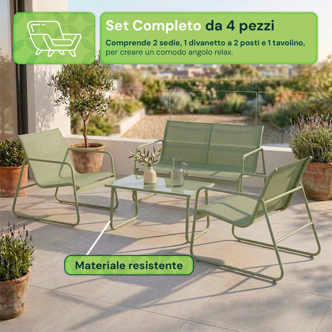 Set Lounge da Esterno 4 Pezzi – Salotto da Giardino con 2 Sedie, Divanetto e Tavolino – Struttura in Ferro e Seduta in Textilene – Portata 240kg/120kg