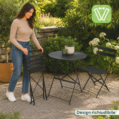 Set Tavolo e 2 Sedie Richiudibili in Ferro da Giardino – Tavolo Rotondo ø 60cm e 2 Sedie Salvaspazio – Portata 150kg/100kg