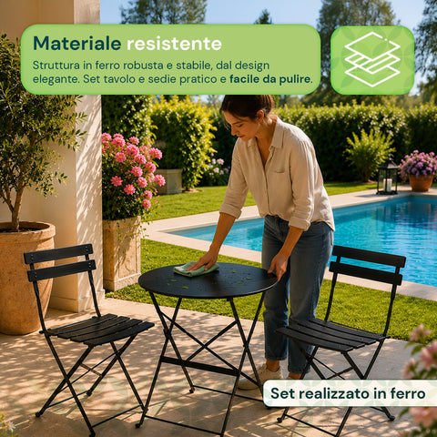 Set Tavolo e 2 Sedie Richiudibili in Ferro da Giardino – Tavolo Rotondo ø 60cm e 2 Sedie Salvaspazio – Portata 150kg/100kg
