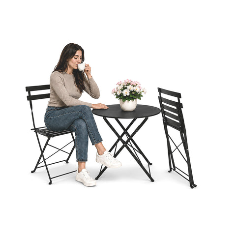 Set Tavolo e 2 Sedie Richiudibili in Ferro  da Giardino – Tavolo Rotondo ø 60cm e 2 Sedie Salvaspazio – Portata 150kg/100kg