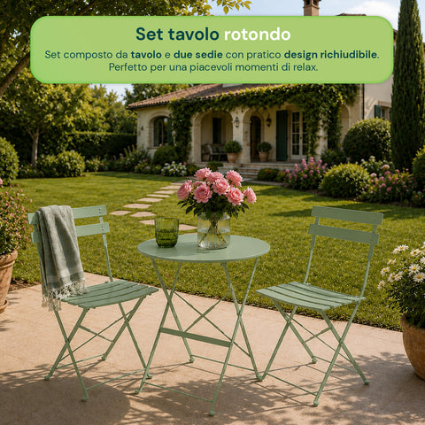 Set Tavolo e 2 Sedie Richiudibili in Ferro da Giardino – Tavolo Rotondo ø 60cm e 2 Sedie Salvaspazio – Portata 150kg/100kg
