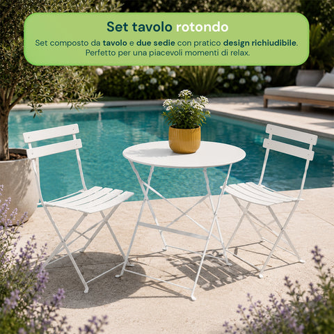 Set Tavolo e 2 Sedie Richiudibili in Ferro  da Giardino – Tavolo Rotondo ø 60cm e 2 Sedie Salvaspazio – Portata 150kg/100kg