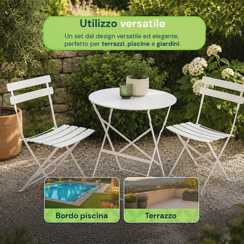 Set Tavolo e 2 Sedie Richiudibili in Ferro  da Giardino – Tavolo Rotondo ø 60cm e 2 Sedie Salvaspazio – Portata 150kg/100kg