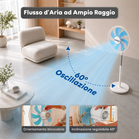Ventilatore a Piantana 40W con 7 Pale in PP, 3 Velocità, Altezza Regolabile 80-100cm – Oscillazione Orizzontale 60° e Inclinazione 45°