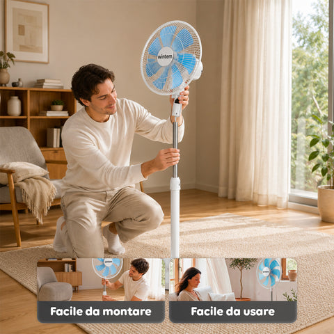 Ventilatore a Piantana 40W con 7 Pale in PP, 3 Velocità, Altezza Regolabile 80-100cm – Oscillazione Orizzontale 60° e Inclinazione 45°