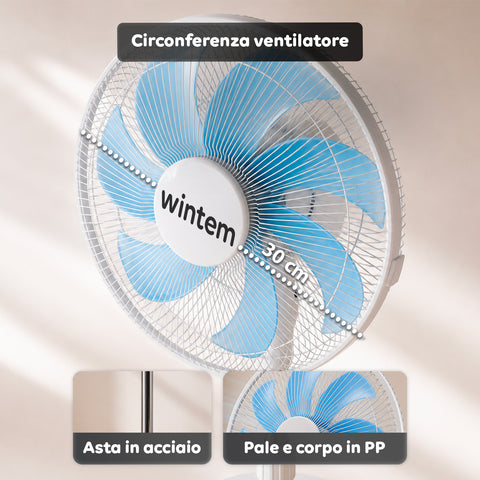 Ventilatore a Piantana 40W con 7 Pale in PP, 3 Velocità, Altezza Regolabile 80-100cm – Oscillazione Orizzontale 60° e Inclinazione 45°