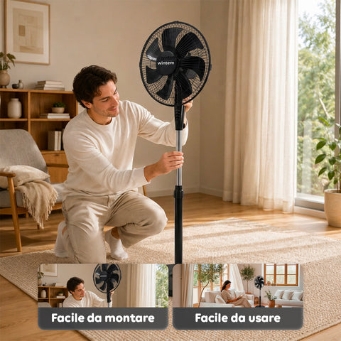 Ventilatore a Piantana 40W con 7 Pale in PP, 3 Velocità, Altezza Regolabile 80-100cm – Oscillazione Orizzontale 60° e Inclinazione 45°