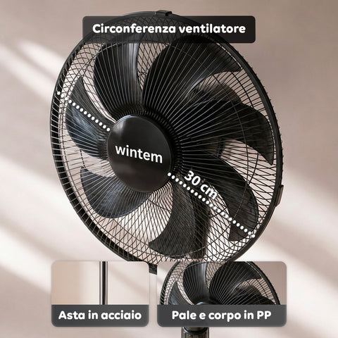 Ventilatore a Piantana 40W con 7 Pale in PP, 3 Velocità, Altezza Regolabile 80-100cm – Oscillazione Orizzontale 60° e Inclinazione 45°