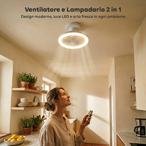 Ventilatore da Soffitto con Luce LED 10W Dimmerabile – 3 Velocità, Timer 4h e Telecomando – Diametro 25cm, Attacco E27, Potenza 55W – Luce Calda, Naturale e Fredda – Silenzioso