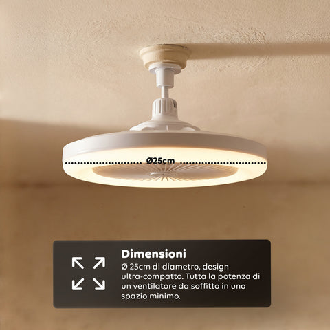 Ventilatore da Soffitto con Luce LED 10W Dimmerabile – 3 Velocità, Timer 4h e Telecomando – Diametro 25cm, Attacco E27, Potenza 55W – Luce Calda, Naturale e Fredda – Silenzioso