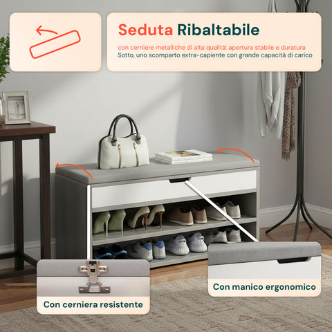 Scarpiera in MDF con Seduta Ribaltabile in Lino Imbottita e 2 Ripiani Salvaspazio