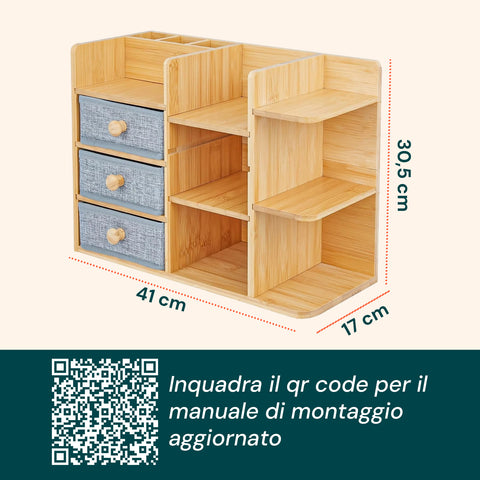 Scaffale Organizer in Bambù con 3 Cassetti e Ripiani Modulabili