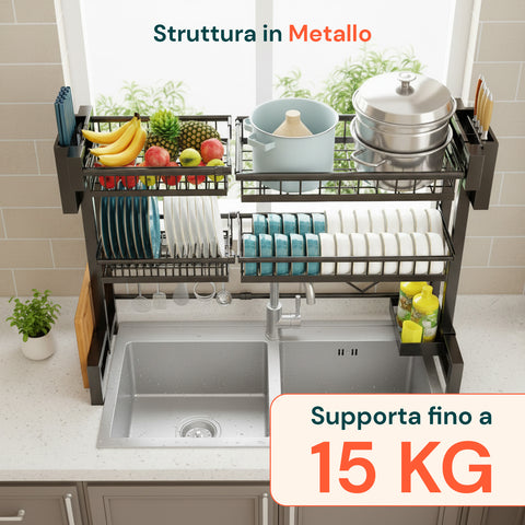 Organizer Cucina 2 Livelli Espandibile con Scolapiatti e Accessori Inclusi