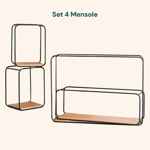 Set 4 Mensole da Parete Design Minimal con Ripiano in MDF e Struttura in Acciaio