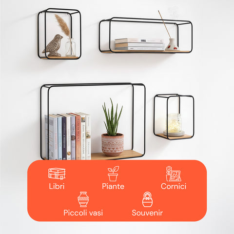 Set 4 Mensole da Parete Design Minimal con Ripiano in MDF e Struttura in Acciaio