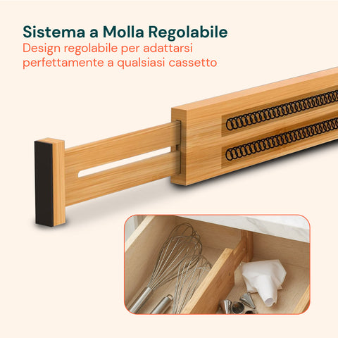 Separatori per Cassetti in Bamboo Regolabili con Molla - Set 4 Pezzi