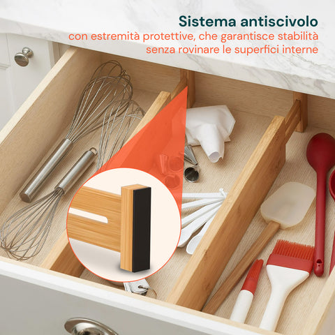 Separatori per Cassetti in Bamboo Regolabili con Molla - Set 4 Pezzi