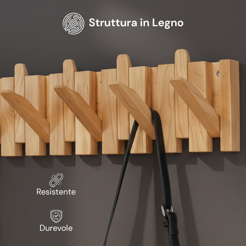 Appendiabiti da Parete in Legno con 6 Ganci Ribaltabili a Scomparsa