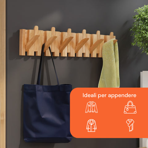 Appendiabiti da Parete in Legno con 6 Ganci Ribaltabili a Scomparsa