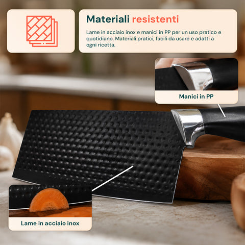 Set Coltelli da Cucina 6 Pezzi in Acciaio Inox con Motivo a Diamante, Completo di: Coltello da Chef, Trancio, Multiuso, Mannaia, Forbici e Pelapatate