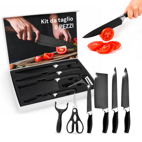 Set Coltelli da Cucina 6 Pezzi in Acciaio Inox con Motivo a Diamante, Completo di: Coltello da Chef, Trancio, Multiuso, Mannaia, Forbici e Pelapatate