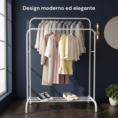 Appendiabiti con Doppia Asta in Metallo Bianco con Ripiano Porta Scarpe