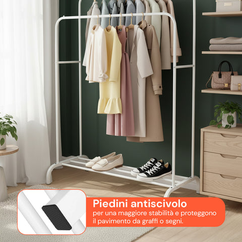 Appendiabiti con Doppia Asta in Metallo Bianco con Ripiano Porta Scarpe