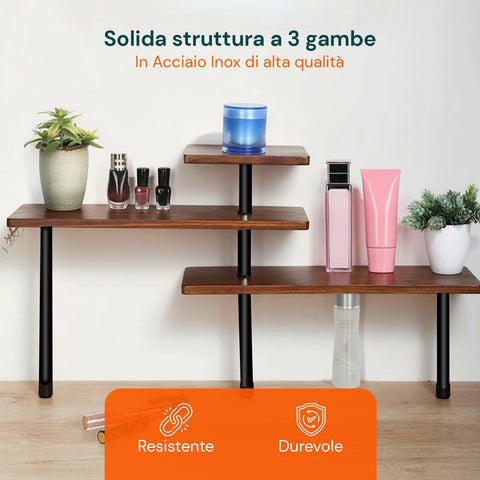Scaffale Angolare in Bambù 3 Ripiani con Ganci Portaoggetti