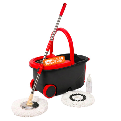 Kit Mocio Rotante 360° con Secchio 14L - 46x27x22cm e Centrifuga in Acciaio – Include 2 Testine in Microfibra, Dosatore Sapone e Asta Telescopica – Set Lavapavimenti Universale con Ruote e Scarico