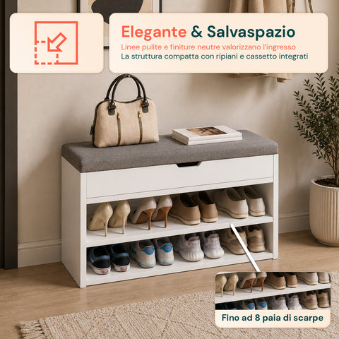 Scarpiera in MDF con Seduta Ribaltabile in Lino Imbottita e 2 Ripiani Salvaspazio