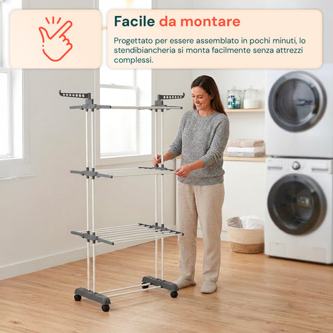 Stendibiancheria Verticale a 3 Livelli in Ferro e PP, Estensibile e con Ruote Pivottanti – L105xP64xA173cm, Portata 20kg
