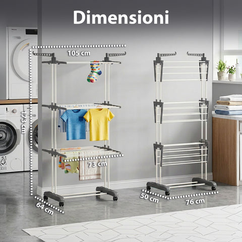 Stendibiancheria Verticale a 3 Livelli in Ferro e PP, Estensibile e con Ruote Pivottanti – L105xP64xA173cm, Portata 20kg