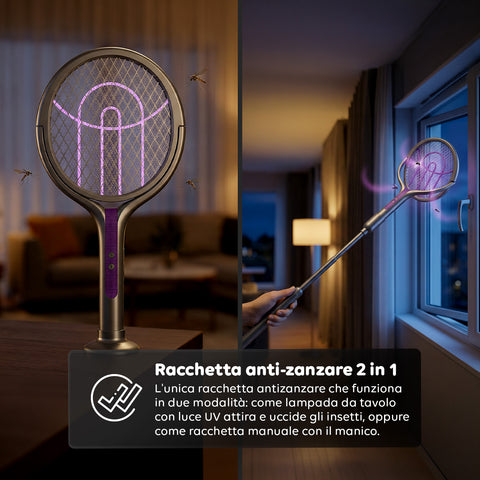 Racchetta Elettrica Zanzare 2-in-1 – Manico Telescopico Estensibile 79-106cm e Testa Rotante 90° – Griglia 4000V a 5 Strati, Luce UV 365nm e Batteria 1800mAh USB-C – Sterminatore Insetti Soffitto
