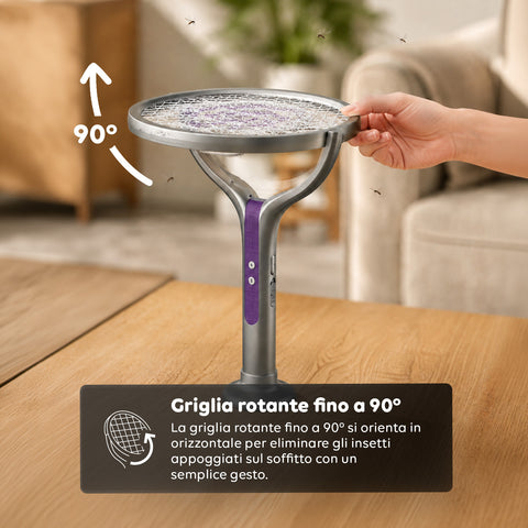 Racchetta Elettrica Zanzare 2-in-1 – Manico Telescopico Estensibile 79-106cm e Testa Rotante 90° – Griglia 4000V a 5 Strati, Luce UV 365nm e Batteria 1800mAh USB-C – Sterminatore Insetti Soffitto