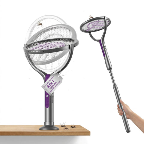 Racchetta Elettrica Zanzare 2-in-1 – Manico Telescopico Estensibile 79-106cm e Testa Rotante 90° – Griglia 4000V a 5 Strati, Luce UV 365nm e Batteria 1800mAh USB-C – Sterminatore Insetti Soffitto