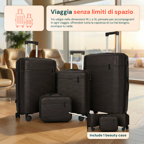 Set 3 Trolley Rigidi da Viaggio + Beauty Case con 4 Ruote Multidirezionali (56-66-76 cm)