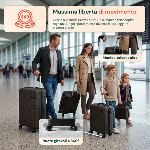 Set 3 Trolley Rigidi da Viaggio + Beauty Case con 4 Ruote Multidirezionali (56-66-76 cm)
