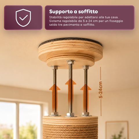 Albero Tiragraffi a Soffitto Regolabile 260-300 cm in Legno e Juta con Amaca a Cupola, Cuccia e Piattaforme