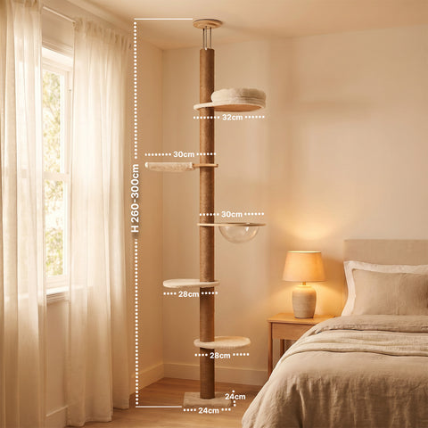 Albero Tiragraffi a Soffitto Regolabile 260-300 cm in Legno e Juta con Amaca a Cupola, Cuccia e Piattaforme