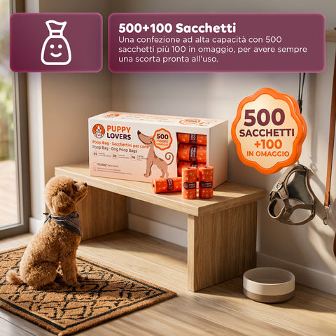 600 Sacchetti per Cani Biodegradabili per Bisogni – Formato Scorta 500+100 Omaggio – 40 Rotoli da 15 Sacchetti – Dimensioni 22x33cm Spessore 0,01 mm