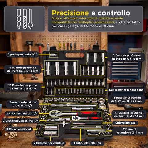 Set 94 Attrezzi da Lavoro in Cromo Vanadio con Valigetta – Meccanica Professionale Completo di Cricchetti, Bussole, Punte e Prolunghe