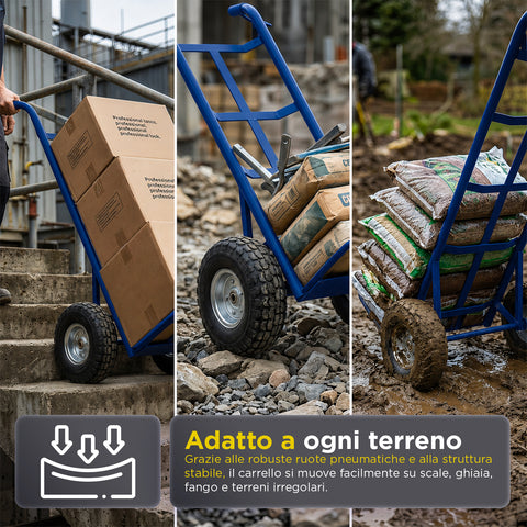 Carrello da Carico Professionale 250 kg in Acciaio - Nero con Ruote Pneumatiche Antiforo